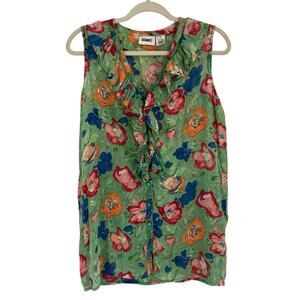 Vintage Gitano Floral Tropical Ruffle Sleeveless Tank Rayon Cotton Medium
